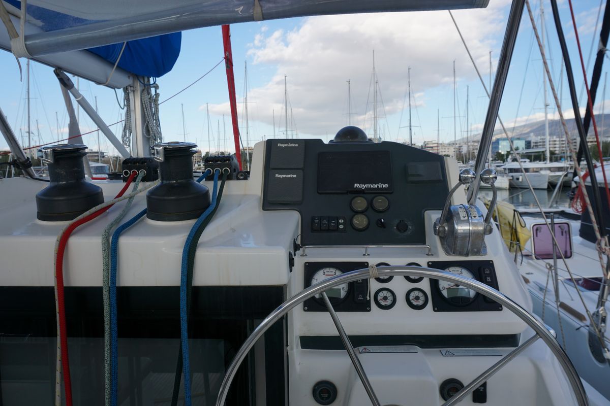 Cockpit of Marina, a Leopard 45 catamaran at Athens, Greece