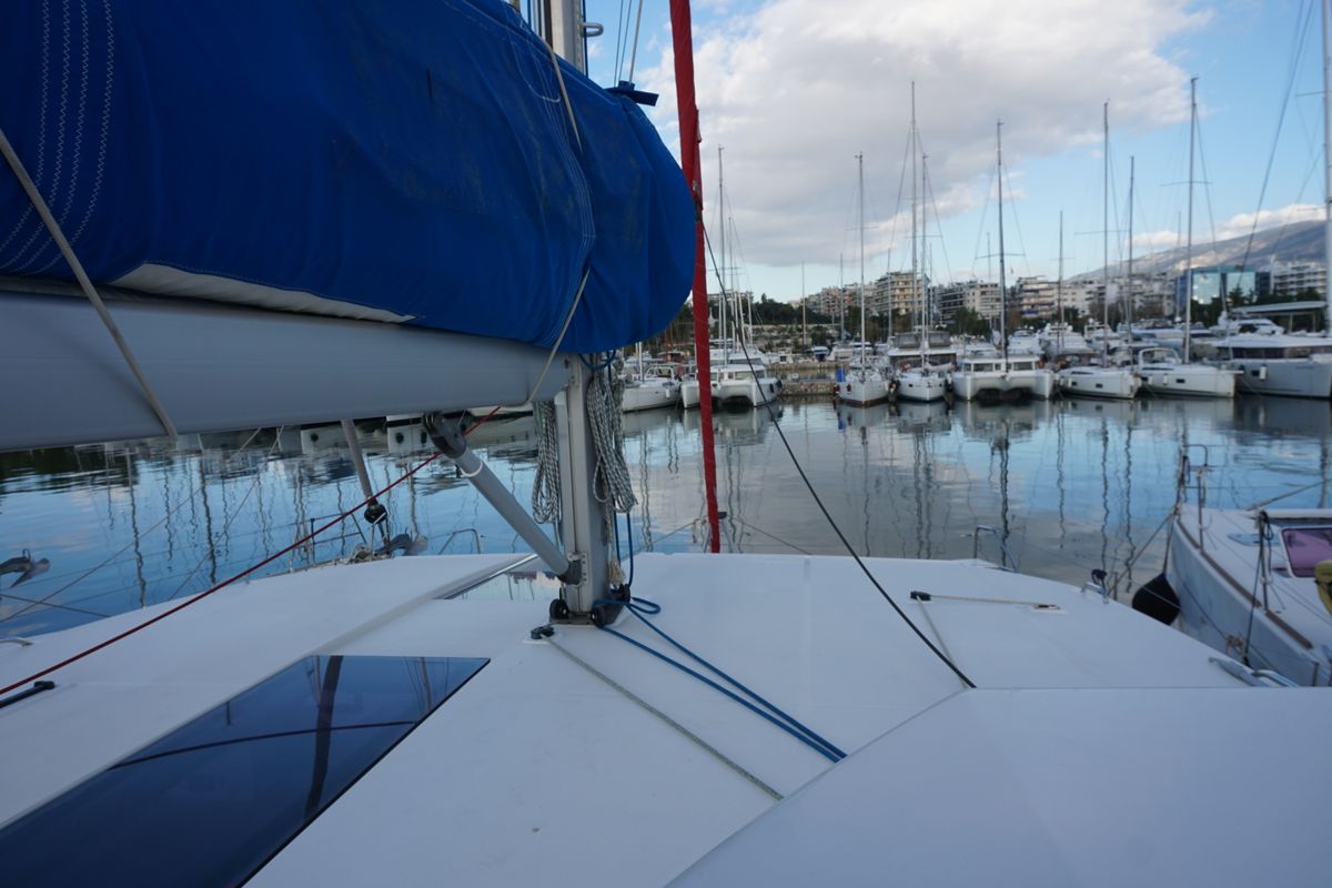 Deck of Marina, a Leopard 45 catamaran at Athens, Greece
