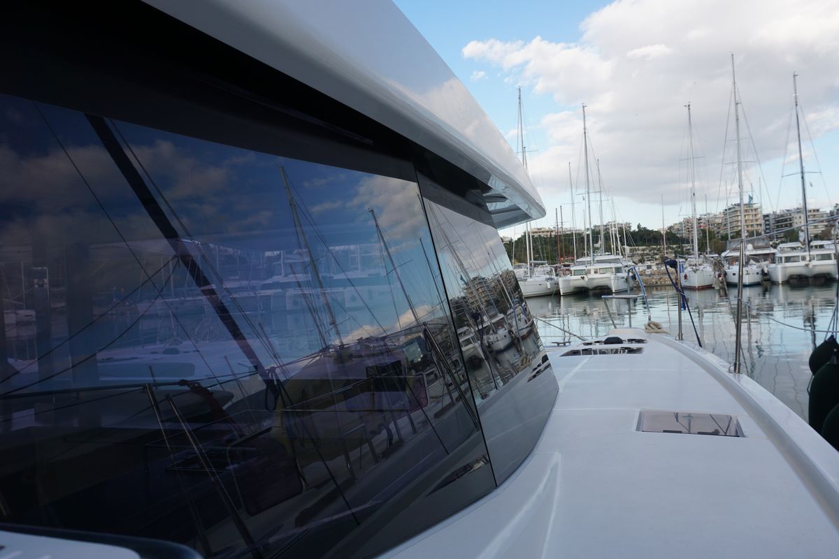 Exterior view of Marina, a Leopard 45 catamaran at Athens, Greece