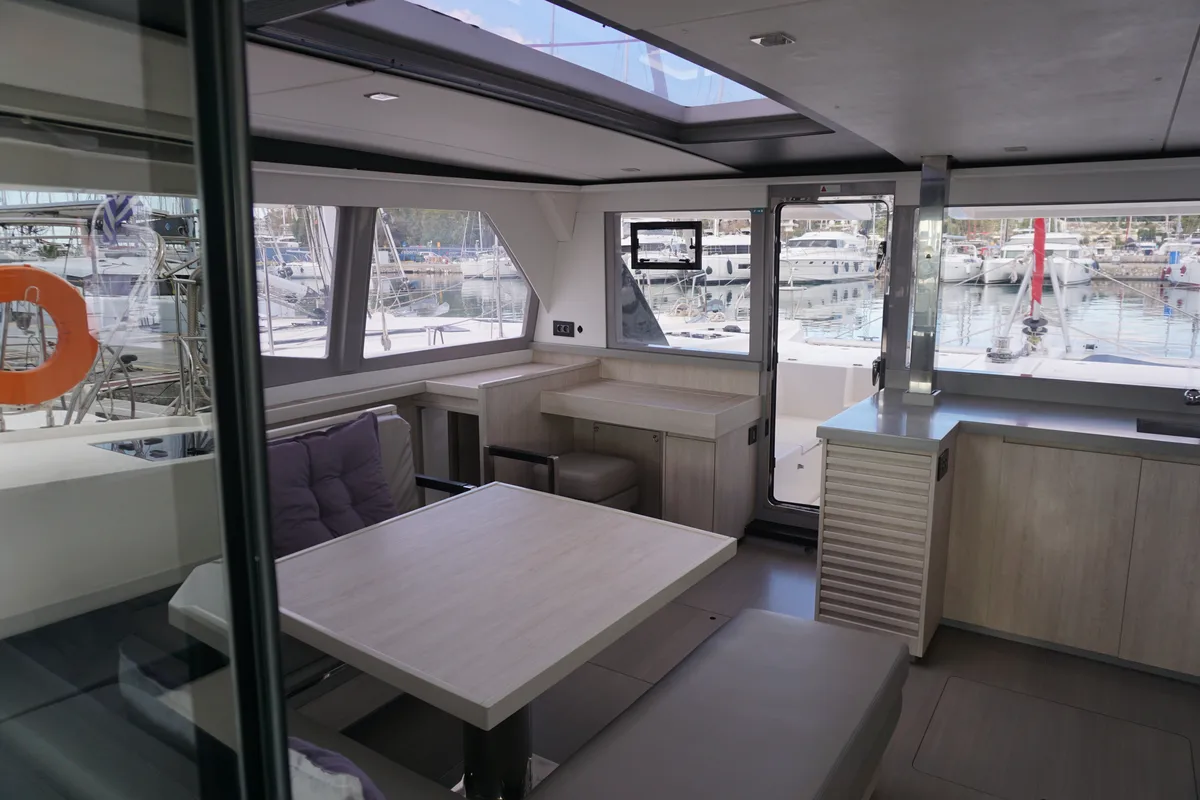 Salon of Marina, a Leopard 45 catamaran at Athens, Greece
