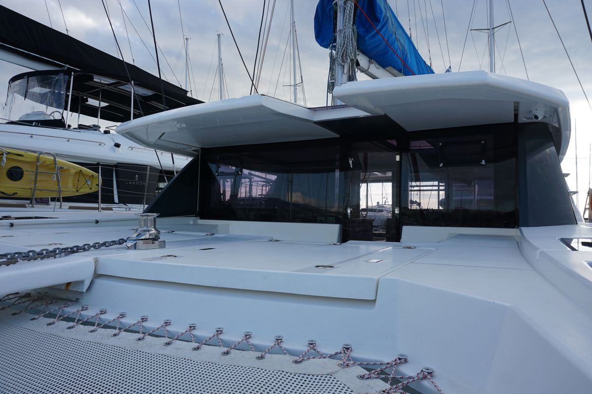 Deck of Marina, a Leopard 45 catamaran at Athens, Greece