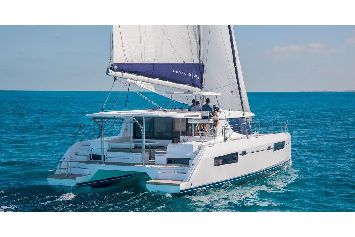 Exterior view of Marina, a Leopard 45 catamaran at Athens, Greece