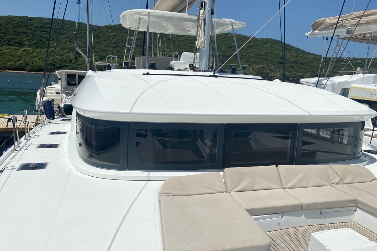 Deck of Croda Rossa, a Lagoon 50 catamaran at Olbia, Italy