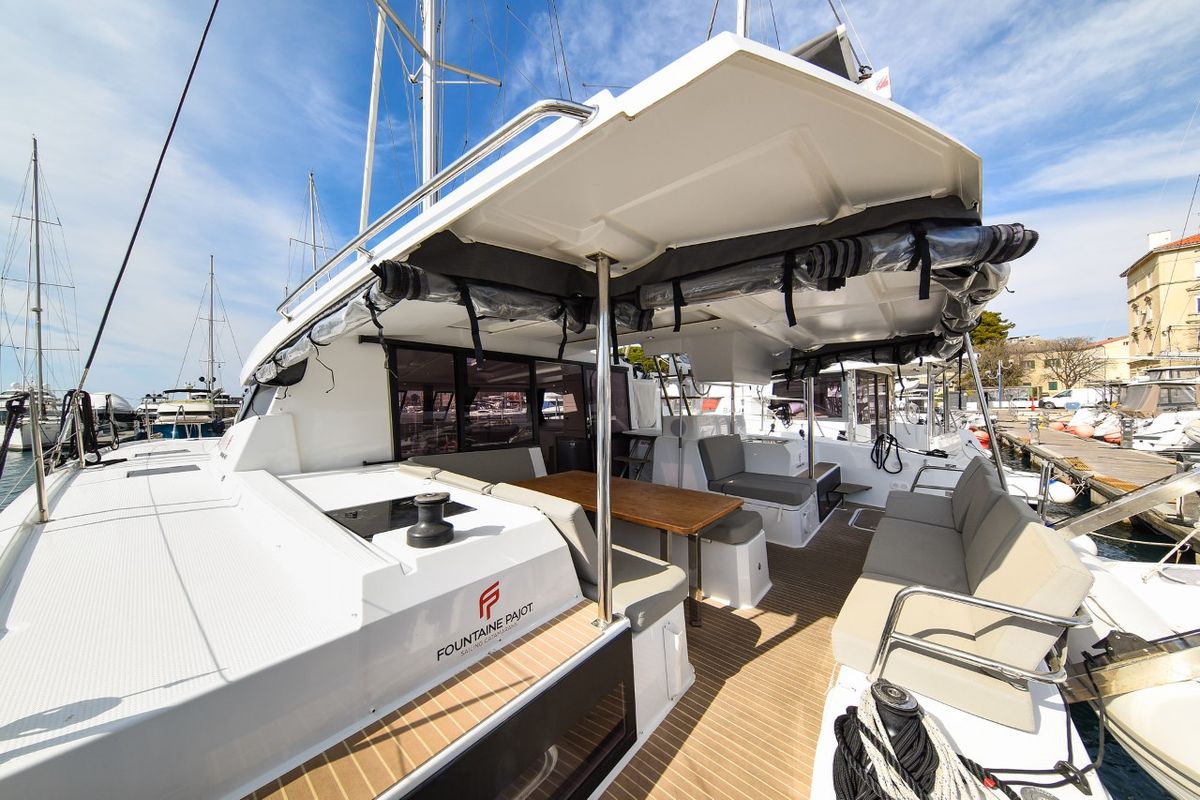 Deck of Le Bart, a Fountaine Pajot Astrea 42 catamaran at Zadar, Croatia