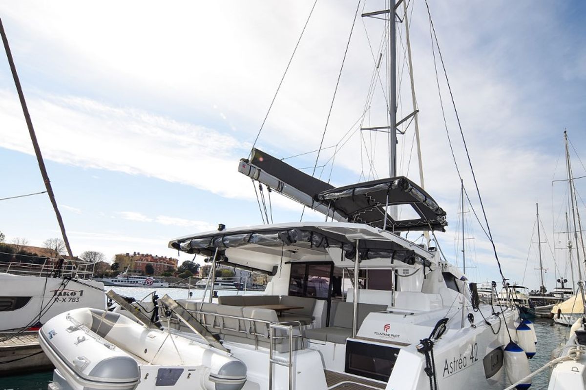 Exterior view of Le Bart, a Fountaine Pajot Astrea 42 catamaran at Zadar, Croatia