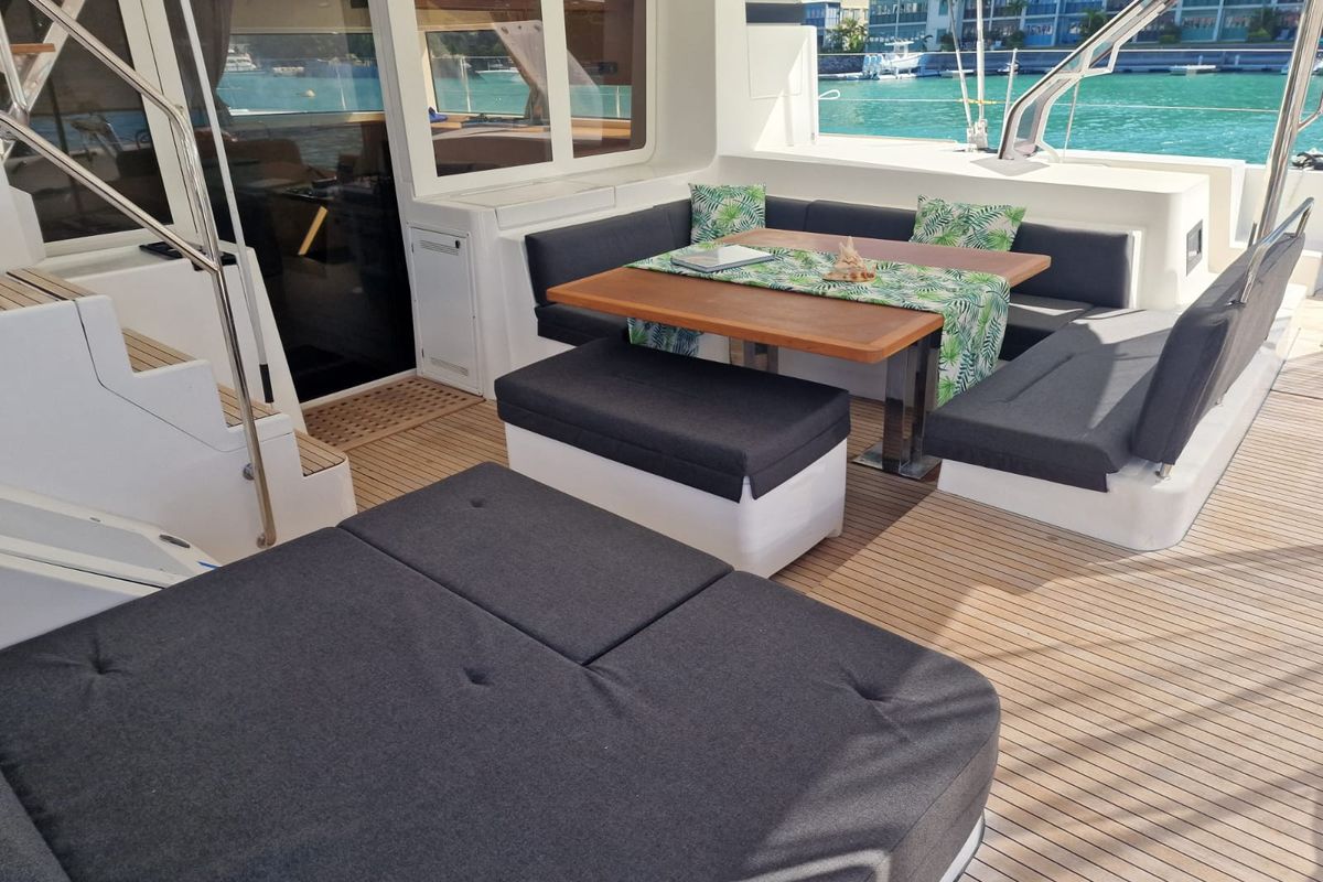 Deck of Takamaka, a Lagoon 52 catamaran at Alameda, United States