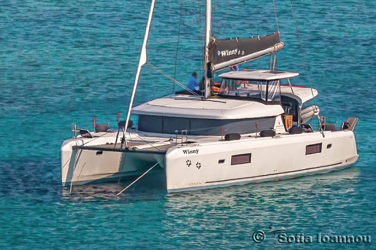 Exterior view of Winny (skippered only), a Lagoon 42 catamaran at Finikas, Greece