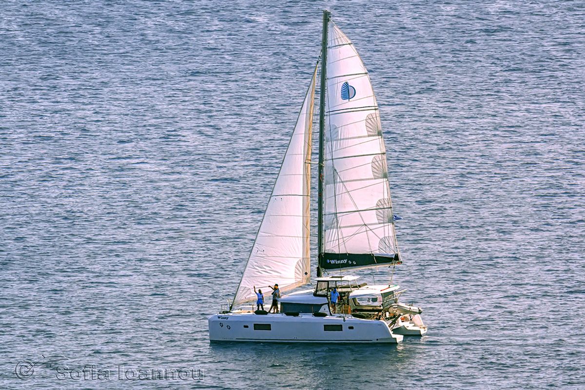 Exterior view of Winny (skippered only), a Lagoon 42 catamaran at Finikas, Greece