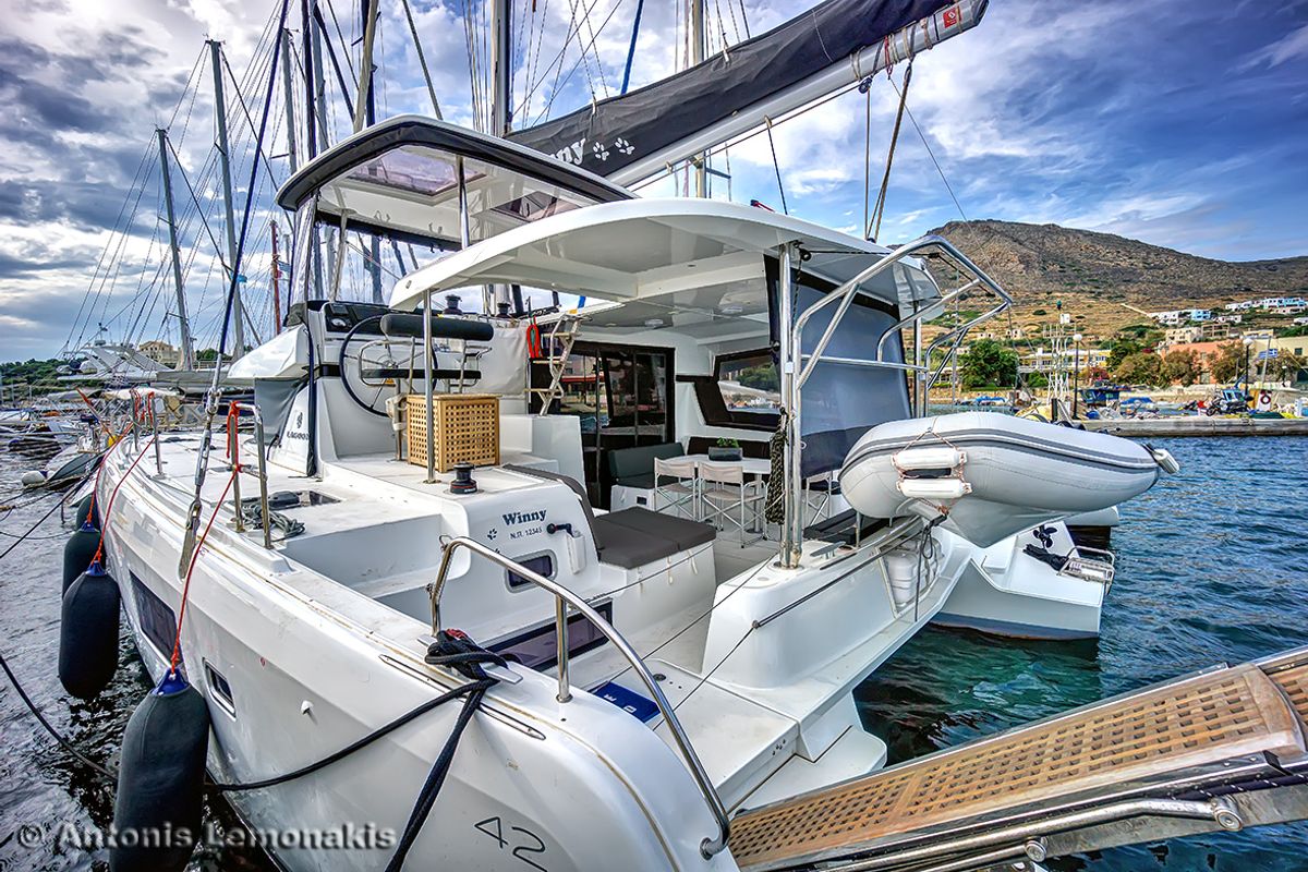 Deck of Winny (skippered only), a Lagoon 42 catamaran at Finikas, Greece