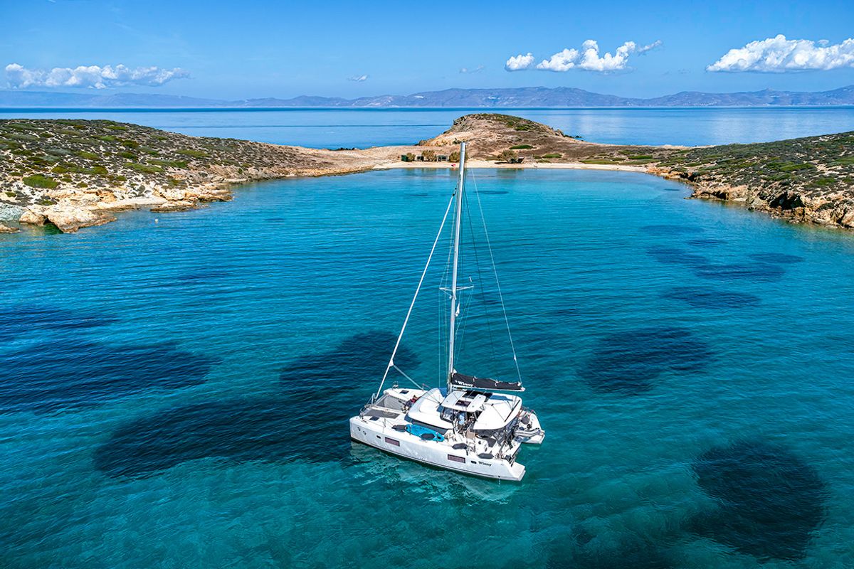 Exterior view of Winny (skippered only), a Lagoon 42 catamaran at Finikas, Greece