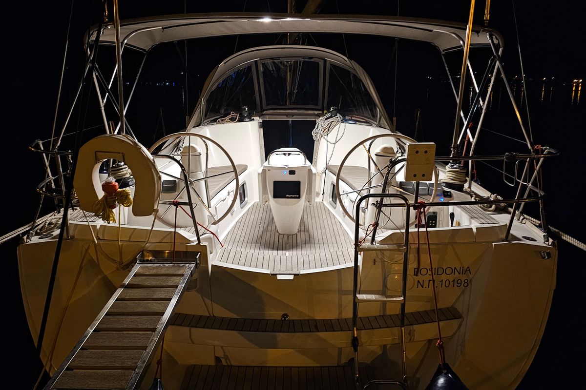Cockpit of Comfort, a Jeanneau Sun Odyssey 42 i sailboat at Marina Delta Kallithea, Greece