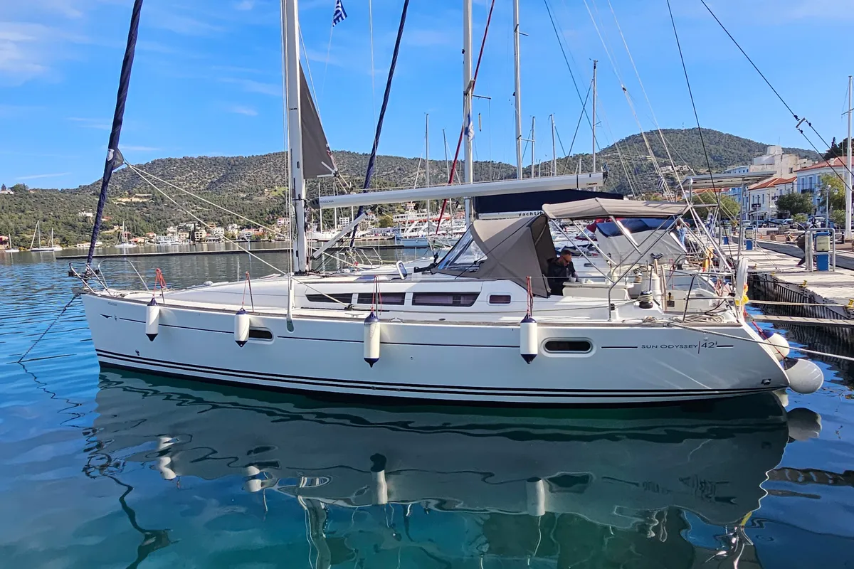 Exterior view of Comfort, a Jeanneau Sun Odyssey 42 i sailboat at Marina Delta Kallithea, Greece