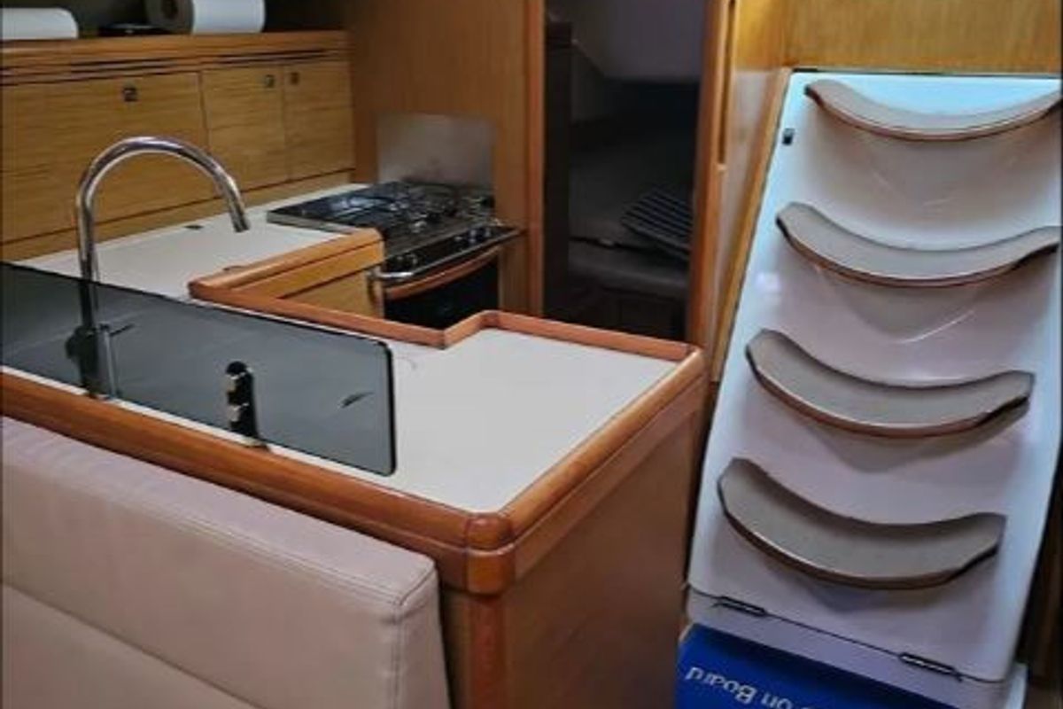 Galley of Comfort, a Jeanneau Sun Odyssey 42 i sailboat at Marina Delta Kallithea, Greece