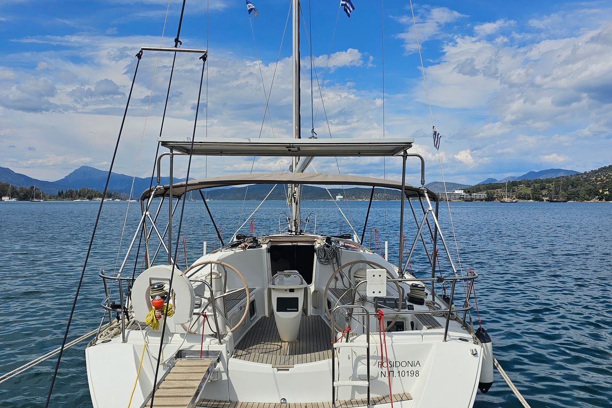 Cockpit of Comfort, a Jeanneau Sun Odyssey 42 i sailboat at Marina Delta Kallithea, Greece