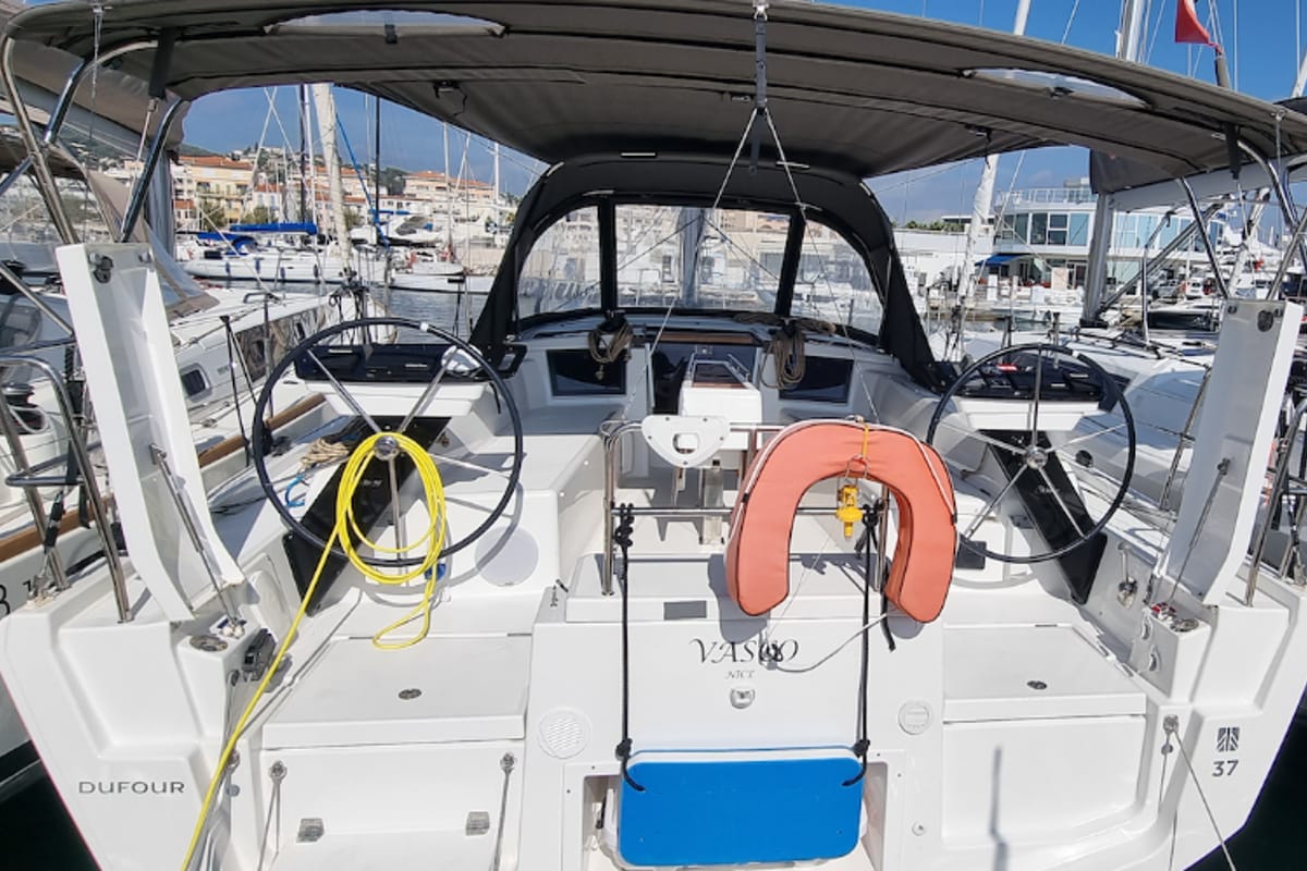 Cockpit of Vasco, a Dufour 37 sailboat at Vallauris, France