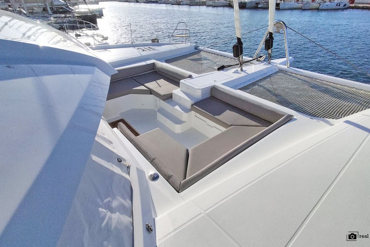 Deck of Liberta', a Fountaine Pajot Samana 59 catamaran at Castellammare di Stabia, Italy
