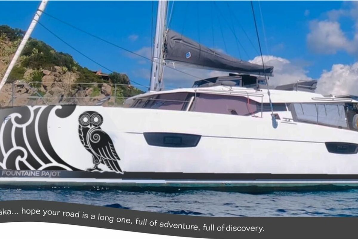 Exterior view of Ithaka, a Fountaine Pajot Tanna 47 Maestro catamaran at Road Town, British Virgin Islands