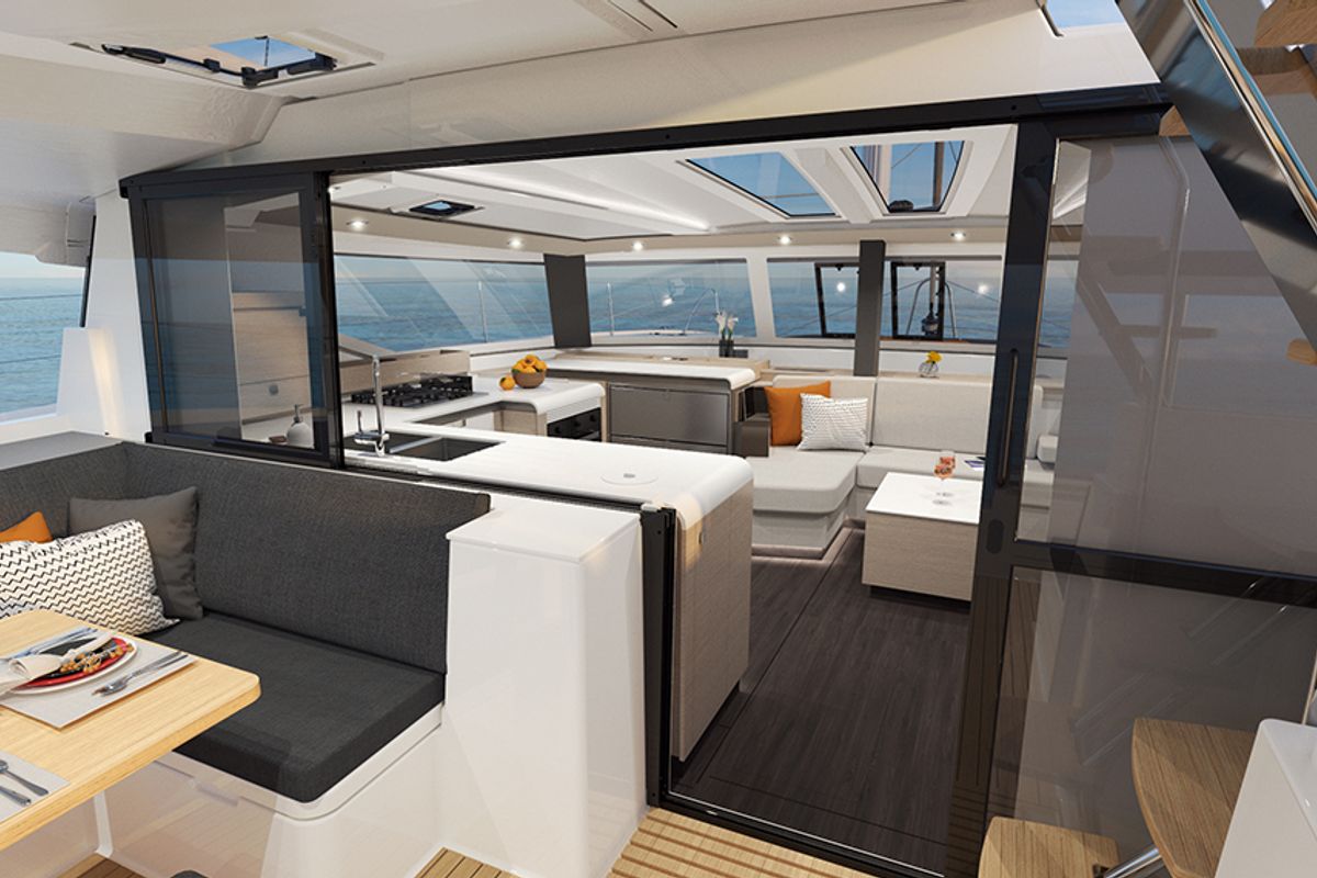 Salon of Ithaka, a Fountaine Pajot Tanna 47 Maestro catamaran at Road Town, British Virgin Islands