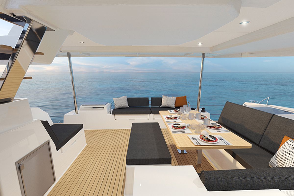 Deck of Ithaka, a Fountaine Pajot Tanna 47 Maestro catamaran at Road Town, British Virgin Islands