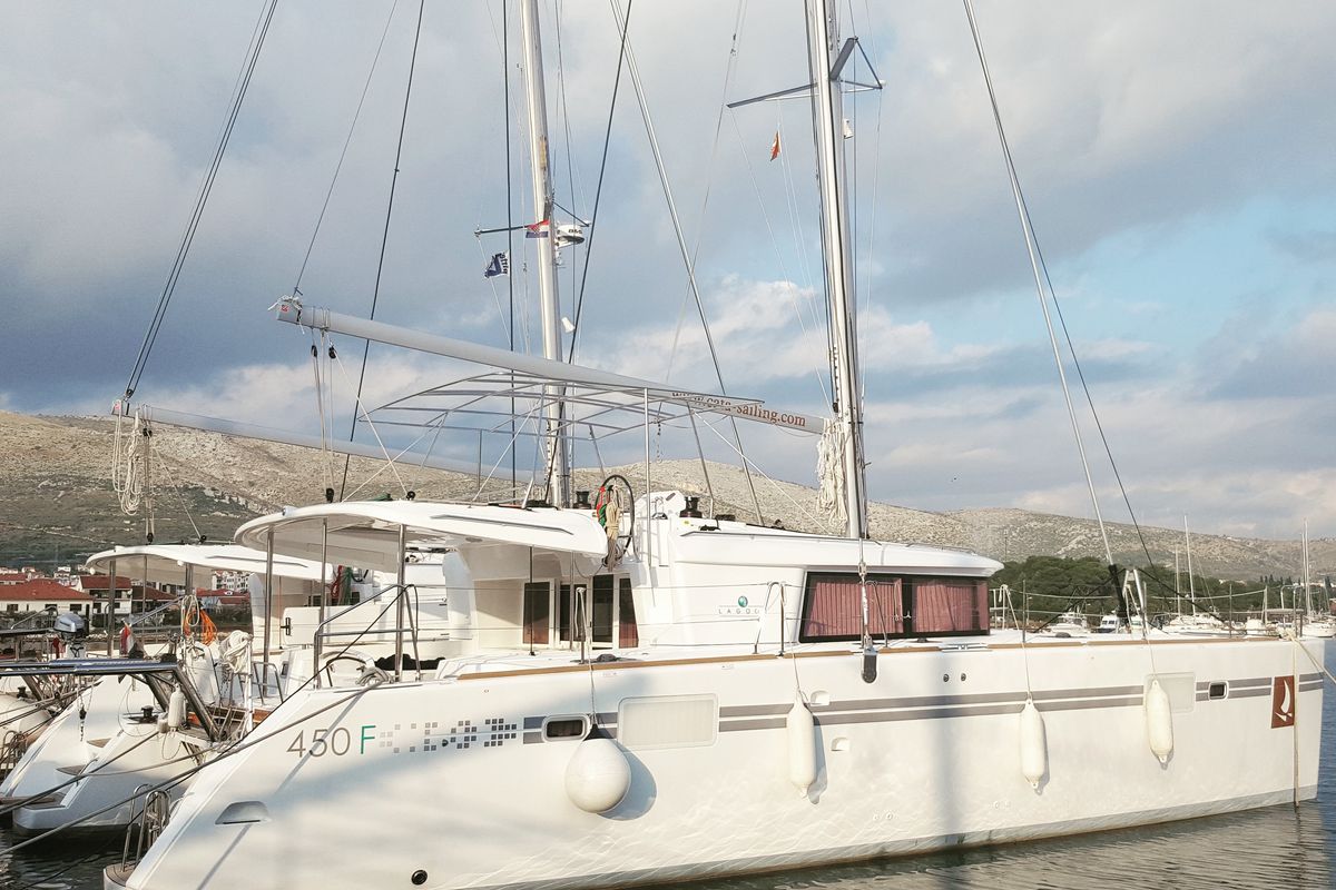 Exterior view of Blue Berry, a Lagoon 450 Fly catamaran at Grad Trogir, Croatia