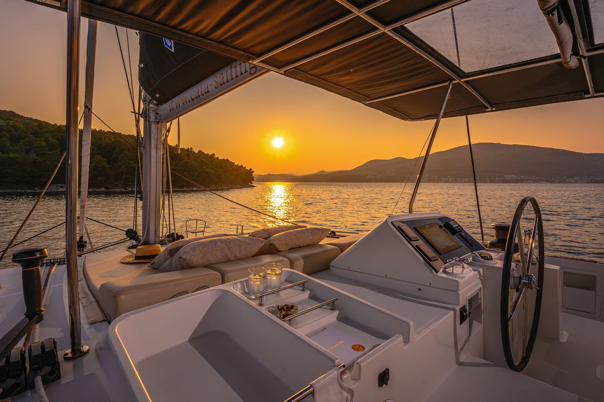 Cockpit of Blue Berry, a Lagoon 450 Fly catamaran at Grad Trogir, Croatia