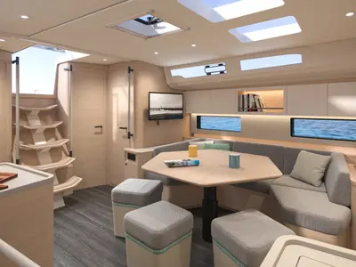 Salon of Sunsail 44.4 Premium, a Dufour 44 sailboat at Gouvia, Greece