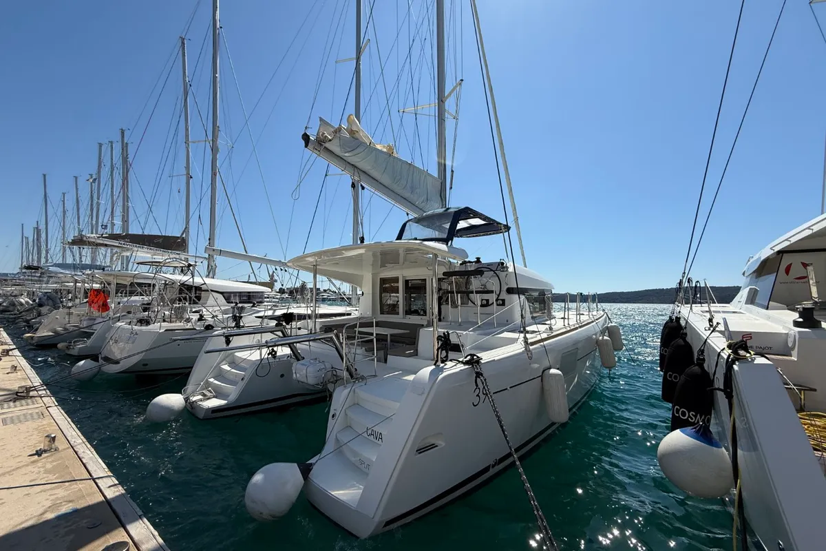 Exterior view of Cava, a Lagoon 39 catamaran at Lavreotiki Municipal Unit, Greece