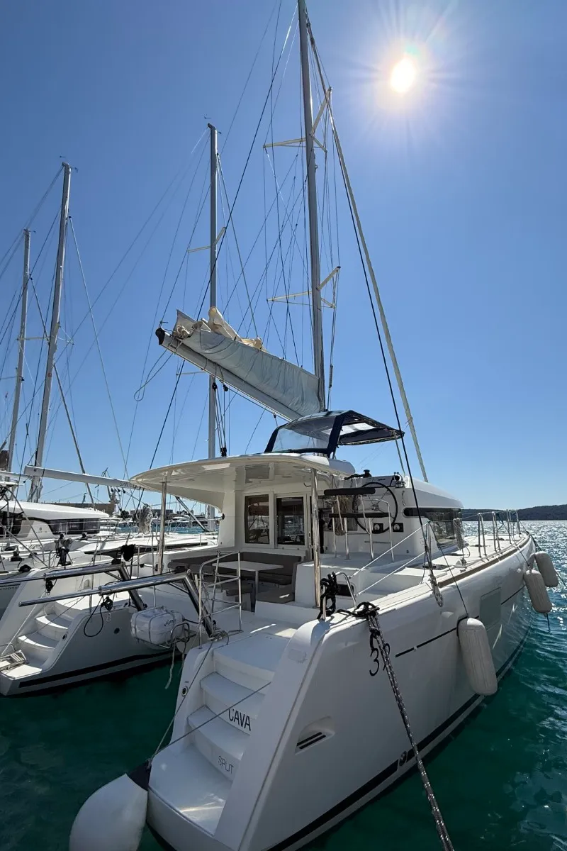 Exterior view of Cava, a Lagoon 39 catamaran at Lavreotiki Municipal Unit, Greece