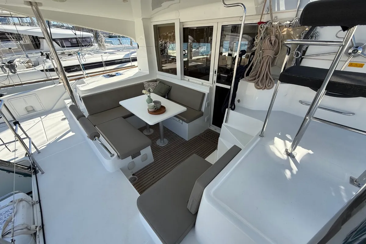 Deck of Cava, a Lagoon 39 catamaran at Lavreotiki Municipal Unit, Greece