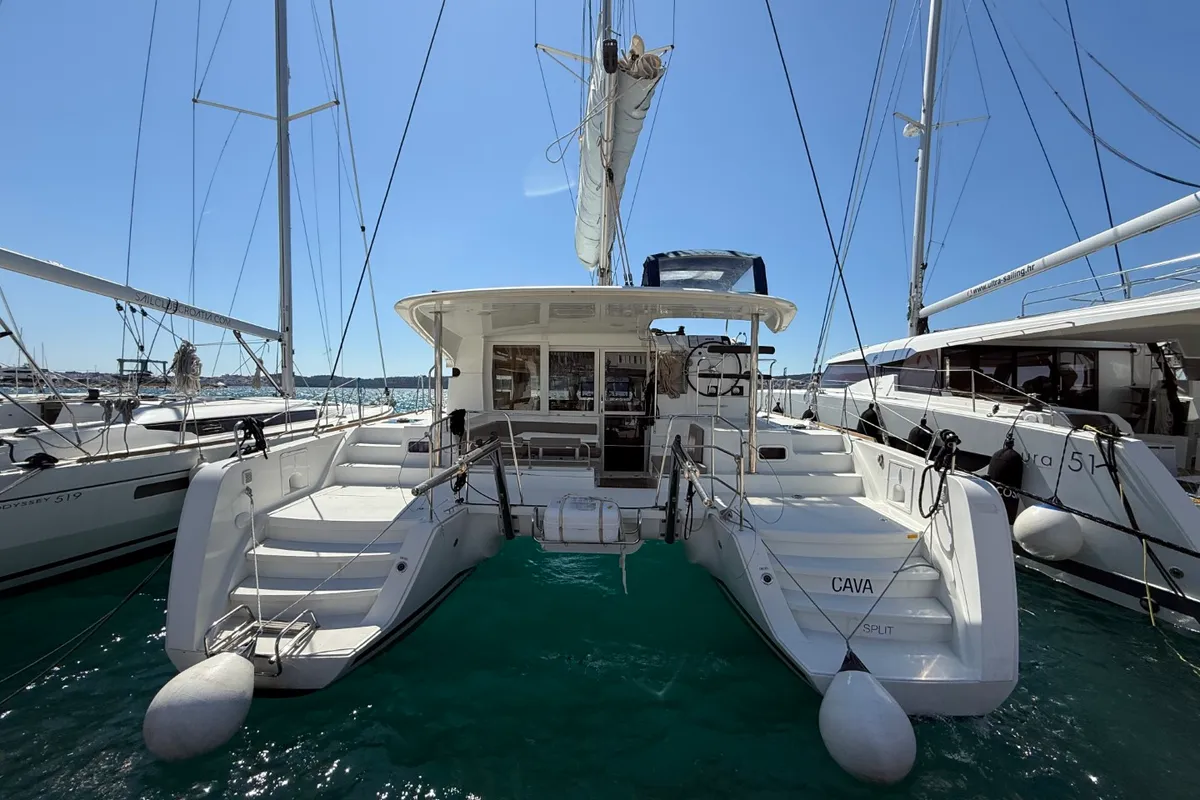 Exterior view of Cava, a Lagoon 39 catamaran at Lavreotiki Municipal Unit, Greece