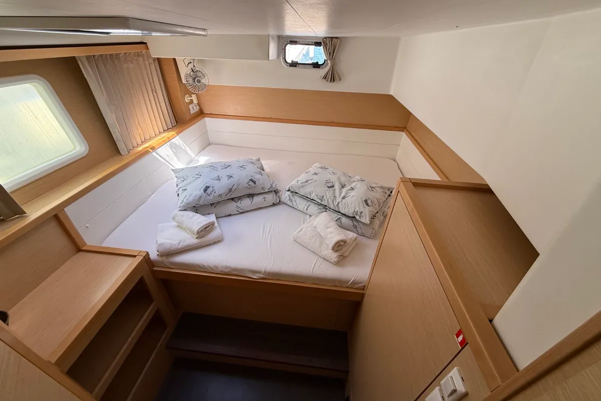 Cabin on Cava, a Lagoon 39 catamaran at Lavreotiki Municipal Unit, Greece