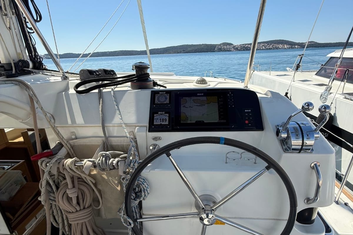 Cockpit of Cava, a Lagoon 39 catamaran at Lavreotiki Municipal Unit, Greece