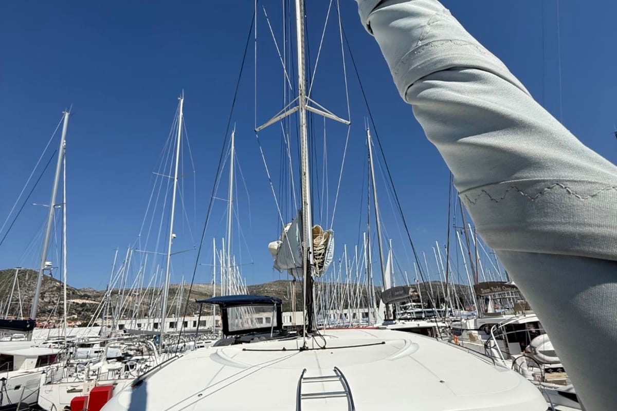 Exterior view of Cava, a Lagoon 39 catamaran at Lavreotiki Municipal Unit, Greece