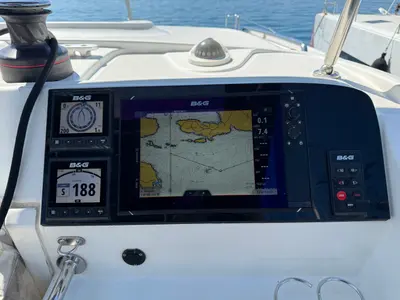 Cockpit of Cava, a Lagoon 39 catamaran at Lavreotiki Municipal Unit, Greece
