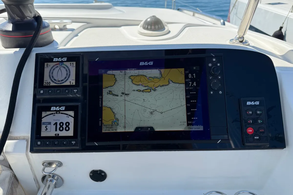 Cockpit of Cava, a Lagoon 39 catamaran at Lavreotiki Municipal Unit, Greece