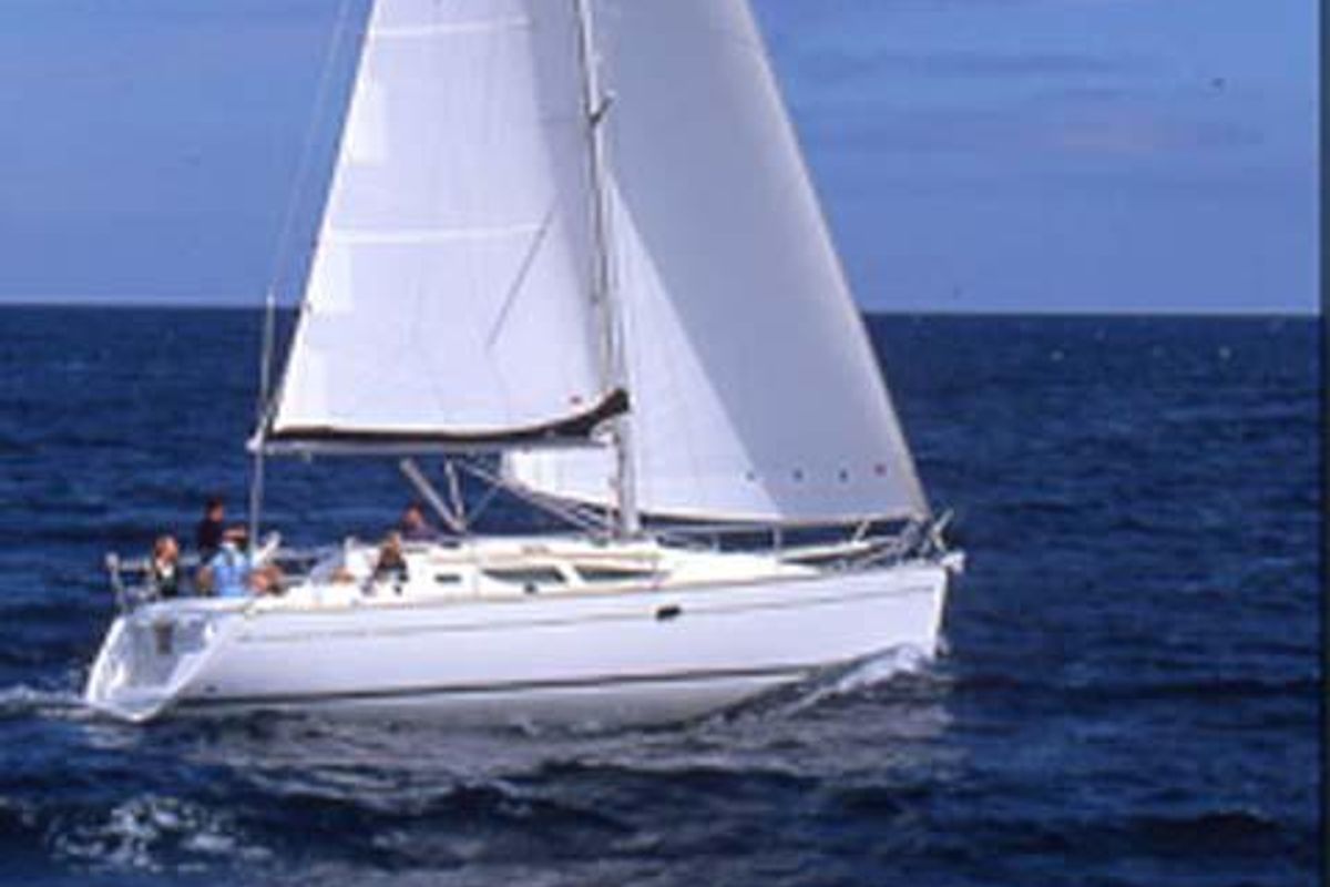 Exterior view of Kama, a Jeanneau Sun Odyssey 35 sailboat at Municipal Unit of Nea Peramos, Greece