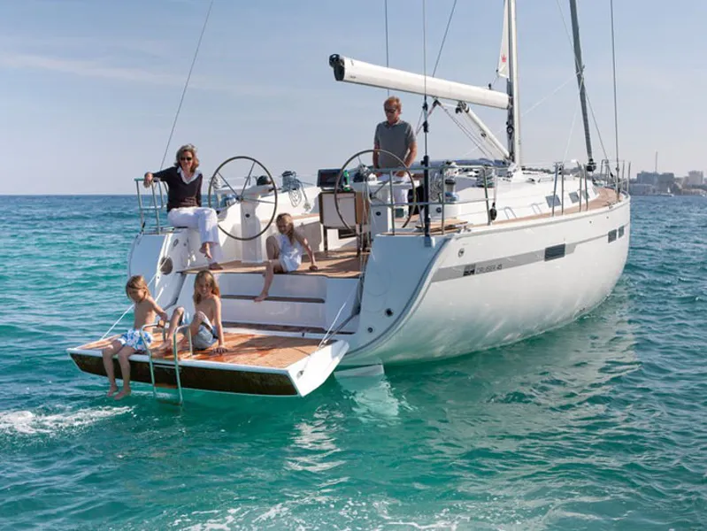 Exterior view of Tiresia, a Bavaria 45 Cruiser sailboat at San Vincenzo, Italy