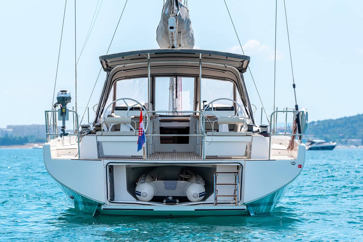 Exterior view of Spring Song, a Beneteau Oceanis 54 sailboat at Grad Kaštela, Croatia