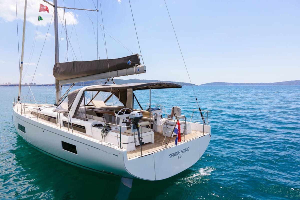 Exterior view of Spring Song, a Beneteau Oceanis 54 sailboat at Grad Kaštela, Croatia