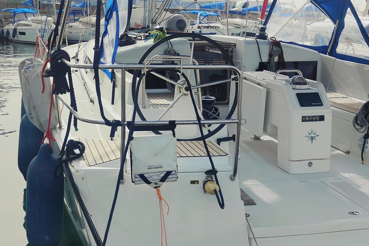 Iddu, a Jeanneau Sun Odyssey 440 sailboat at Procida, Italy