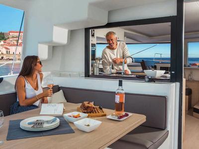 Deck of Le Andra, a Bali 4.5 catamaran at Marmaris, Turkey