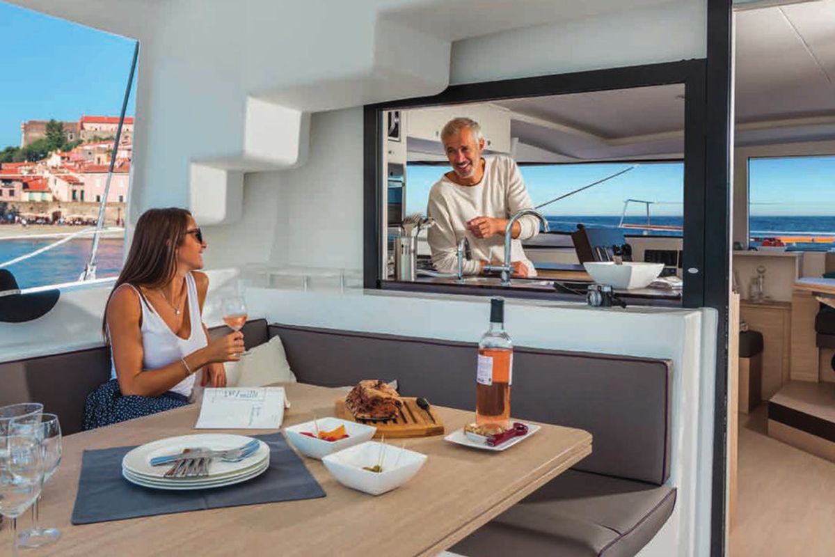 Deck of Le Andra, a Bali 4.5 catamaran at Marmaris, Turkey
