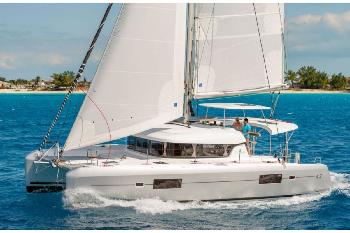 Exterior view of Blueskin, a Lagoon 42 catamaran at Eden Island Marina, Seychelles