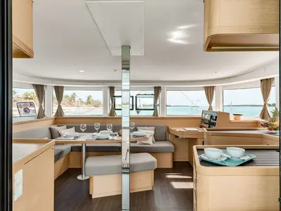 Salon of Blueskin, a Lagoon 42 catamaran at Eden Island Marina, Seychelles