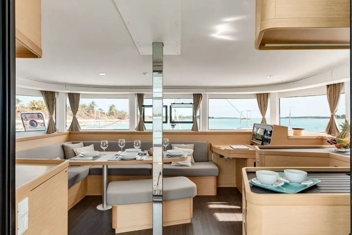 Salon of Blueskin, a Lagoon 42 catamaran at Eden Island Marina, Seychelles