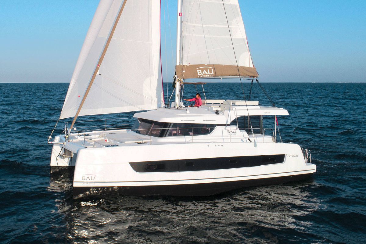Exterior view of Helios, a Bali Catspace catamaran at Preveza, Greece