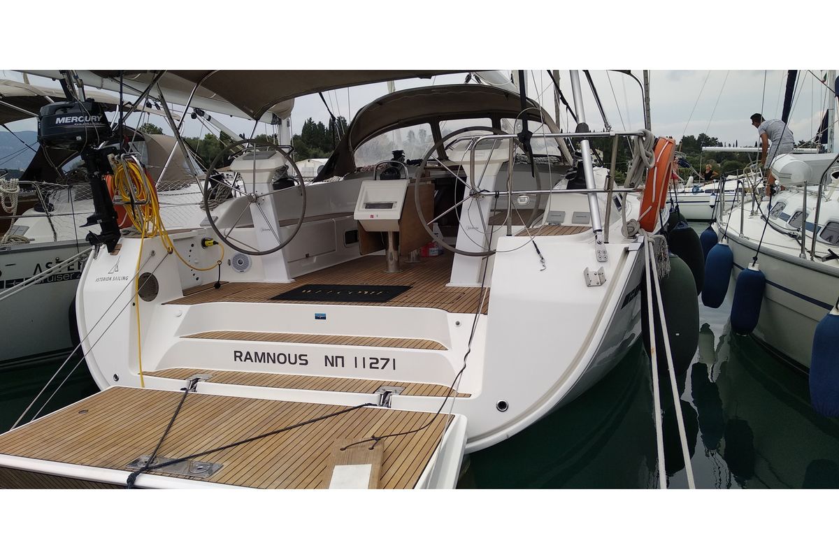Cockpit of Ramnous, a Bavaria Cruiser 51 sailboat at Gouvia, Greece