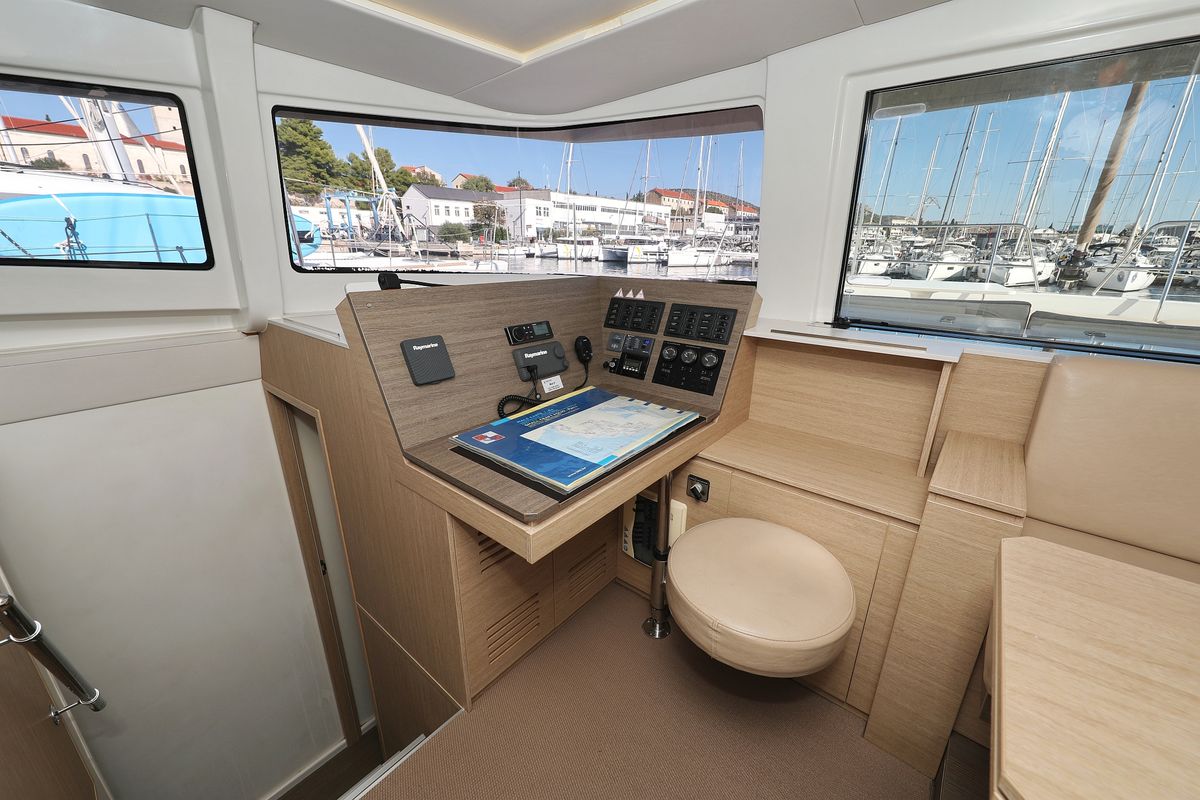 Cockpit of Karina V, a Bali 4.5 catamaran at Grad Trogir, Croatia