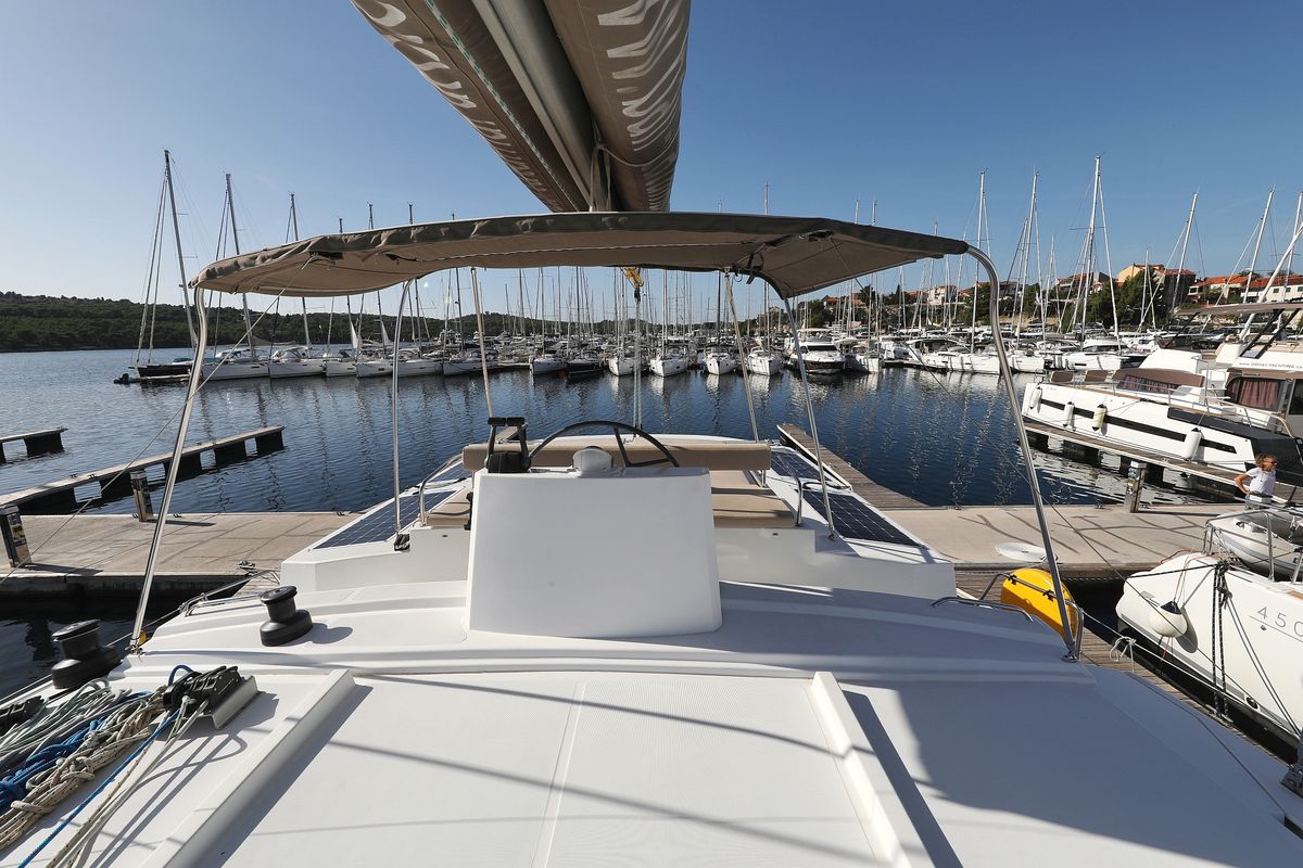 Cockpit of Karina V, a Bali 4.5 catamaran at Grad Trogir, Croatia