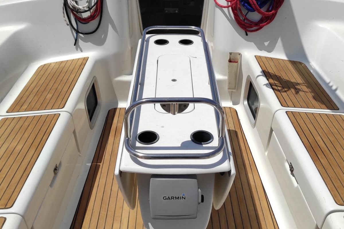 Cockpit of Evangelos, a Jeanneau Sun Odyssey 43  sailboat at Volos Municipality, Greece